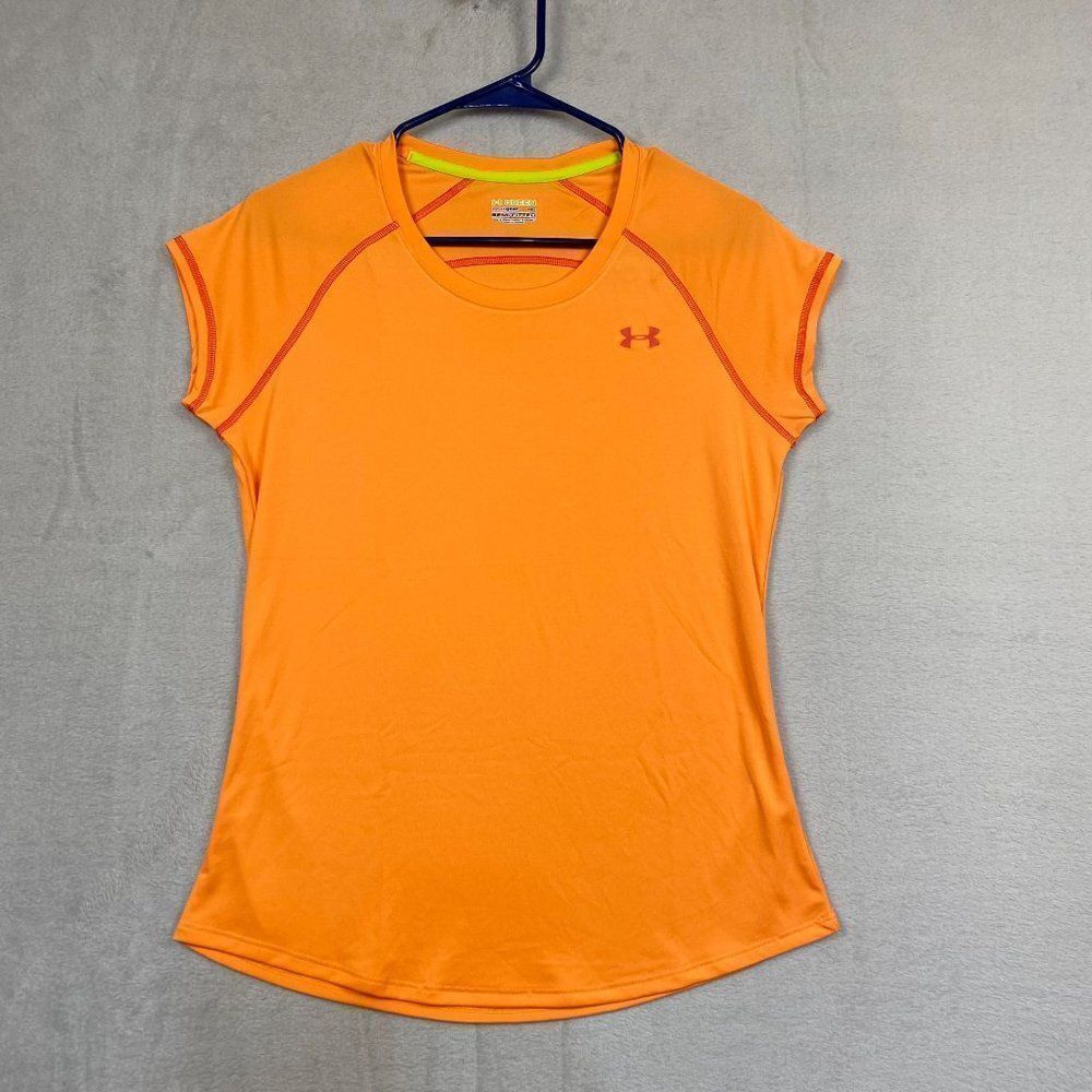 Under Armour Green Heat Gear Workout Shirt Women's Med Semi Fitted Orange Top